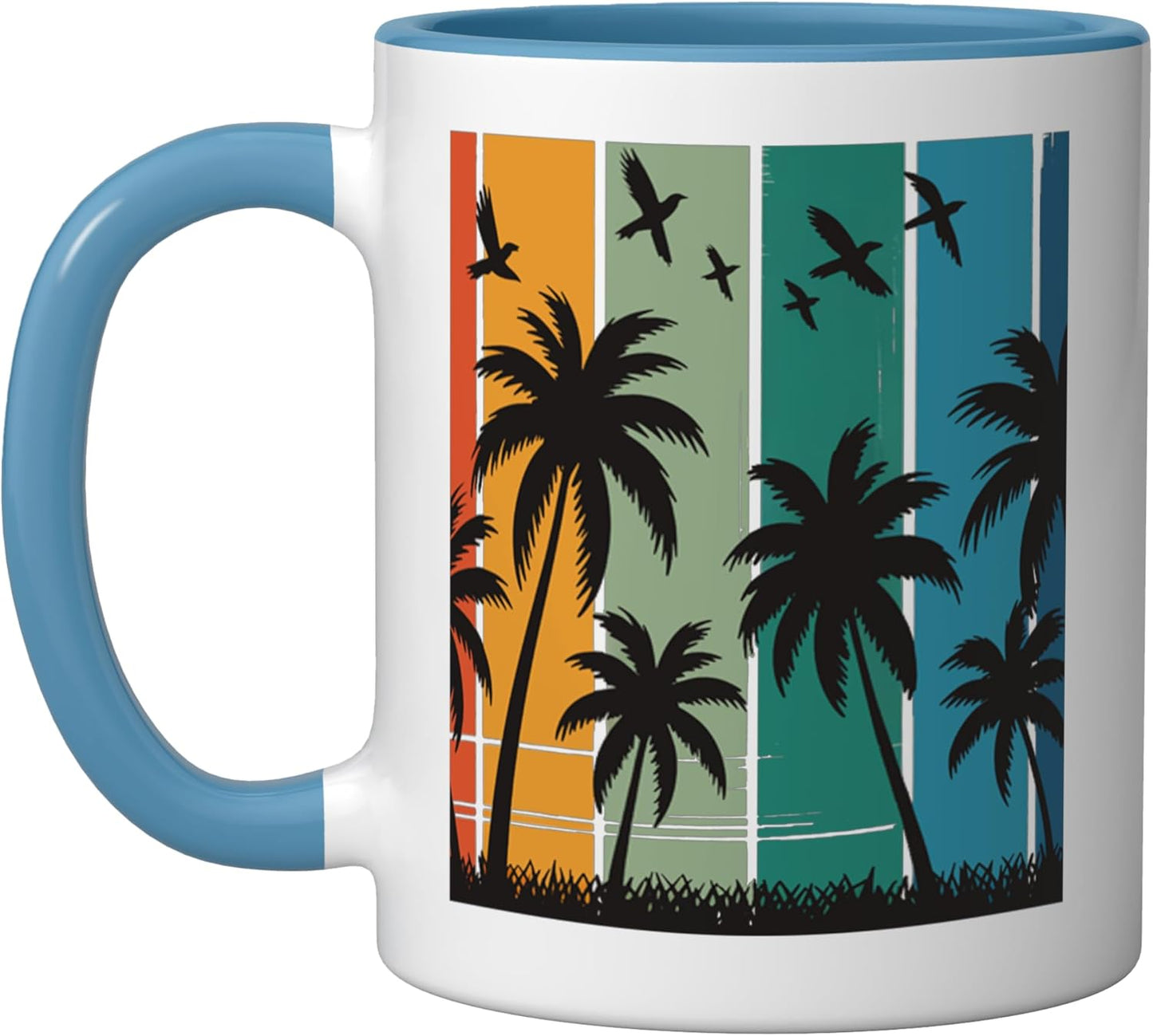 Taza cerámica retro de palma con atardecer azul/blanco