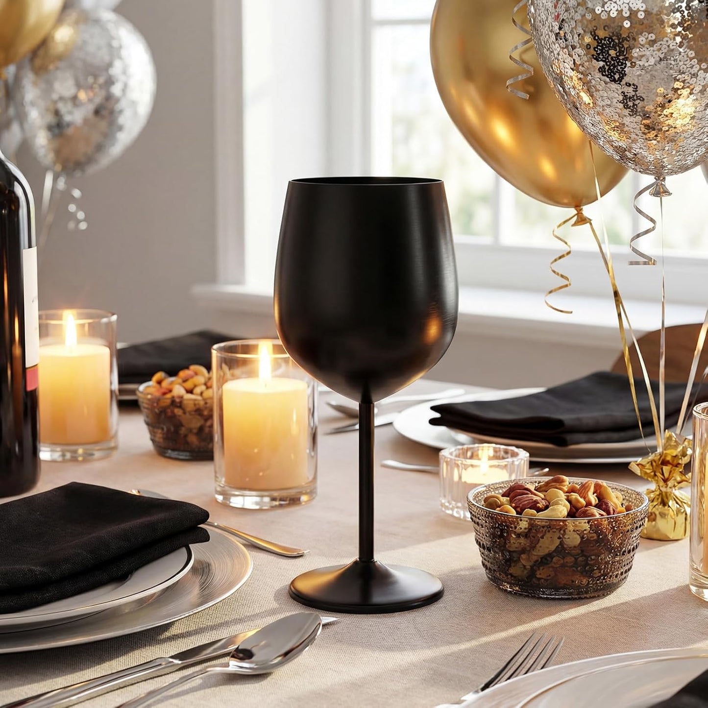 12 Copas Vino Aluminio 18oz Negro Elegantes Tallo