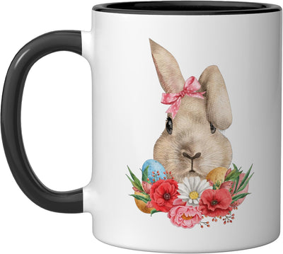 Taza Cerámica Pascua Conejo con Flores y Huevos Negro/Blanco