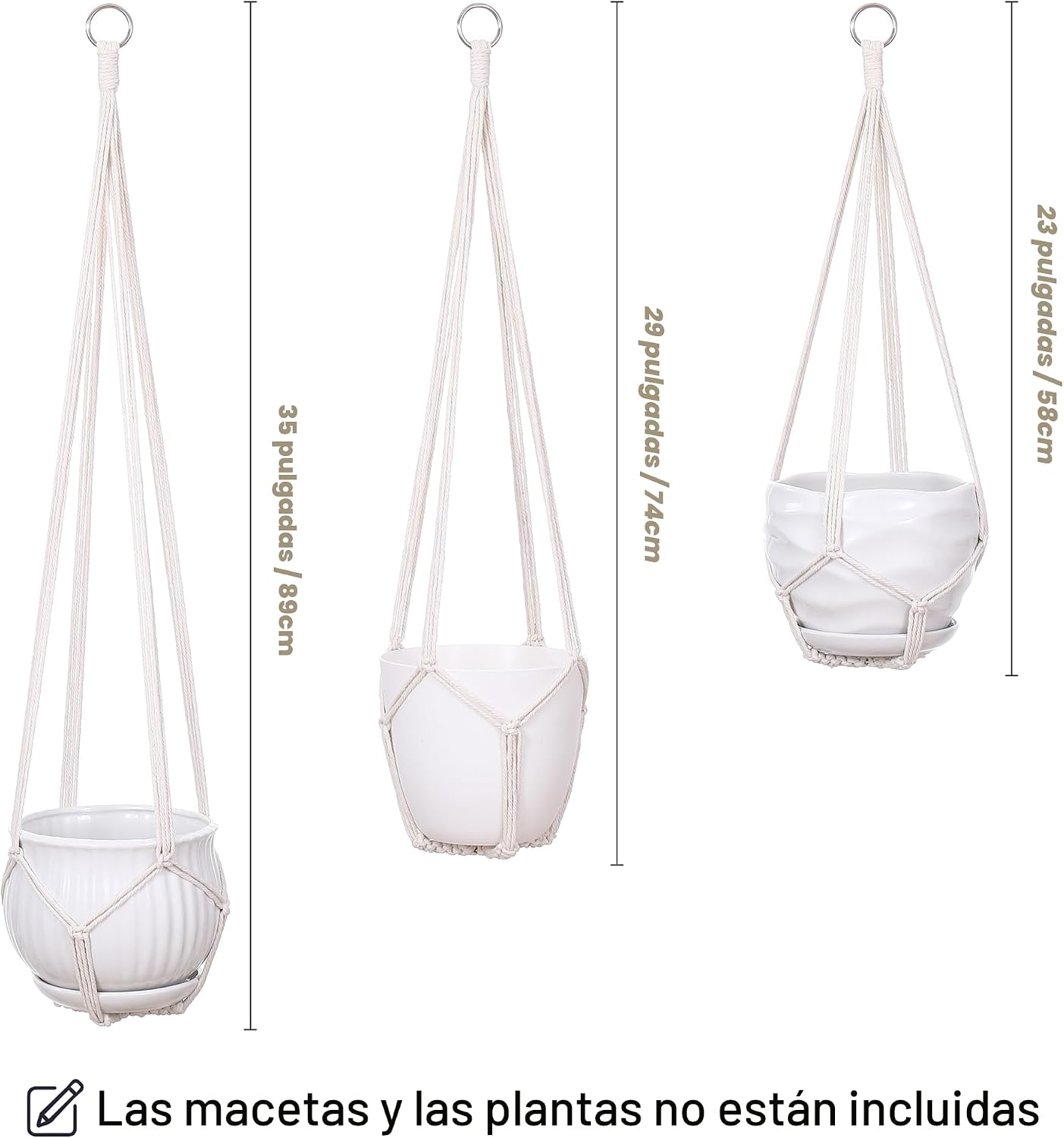 3 Cestas Colgantes Macramé para Plantas Interiores 35/29/23pulg
