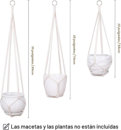 3 Cestas Colgantes Macramé para Plantas Interiores 35/29/23pulg
