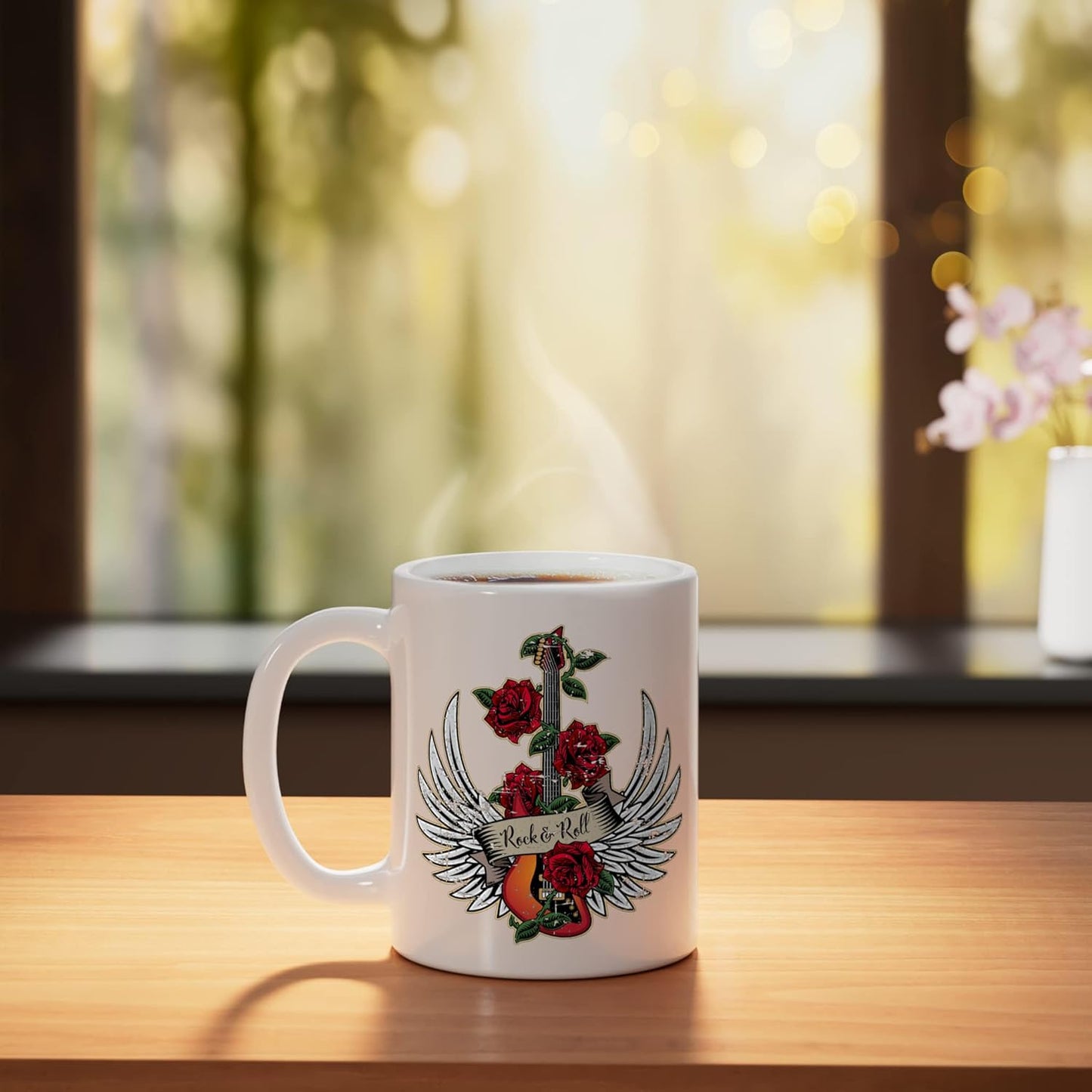 Taza Cerámica Rock and Roll Diseño Rosas Desgastado