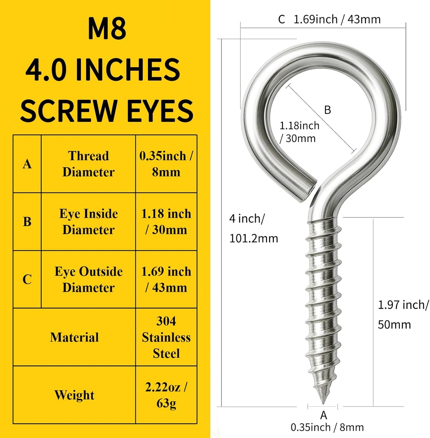 10 Ganchos Acero Inox 304 4pulg Carga 500lb