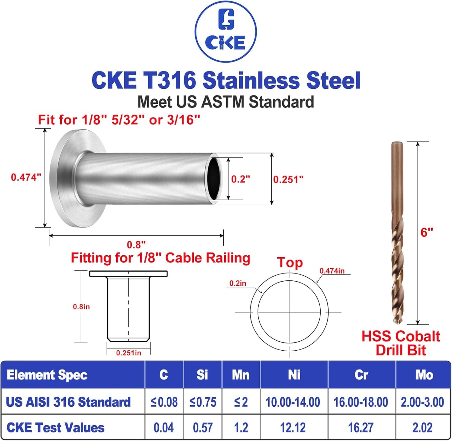 200 Fundas Acero Inox para Cable 1/8