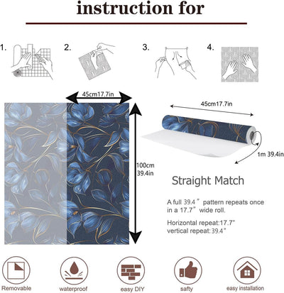 Papel tapiz autoadhesivo floral azul marino y dorado 17x39pulg