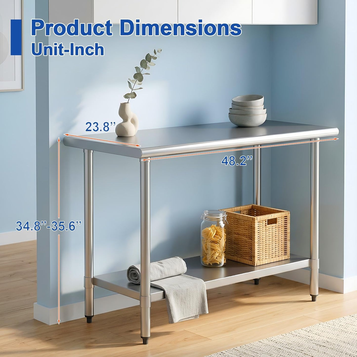 Mesa Trabajo Acero Inox 24x48pulg Ajustable para Cocina Restaurante