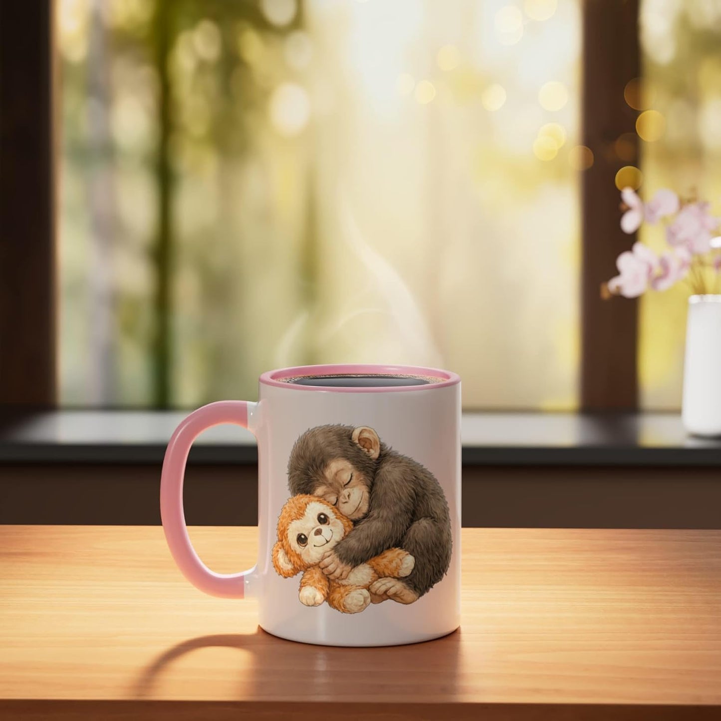 Taza de cerámica Monkey Punch Sleeping rosa y blanco