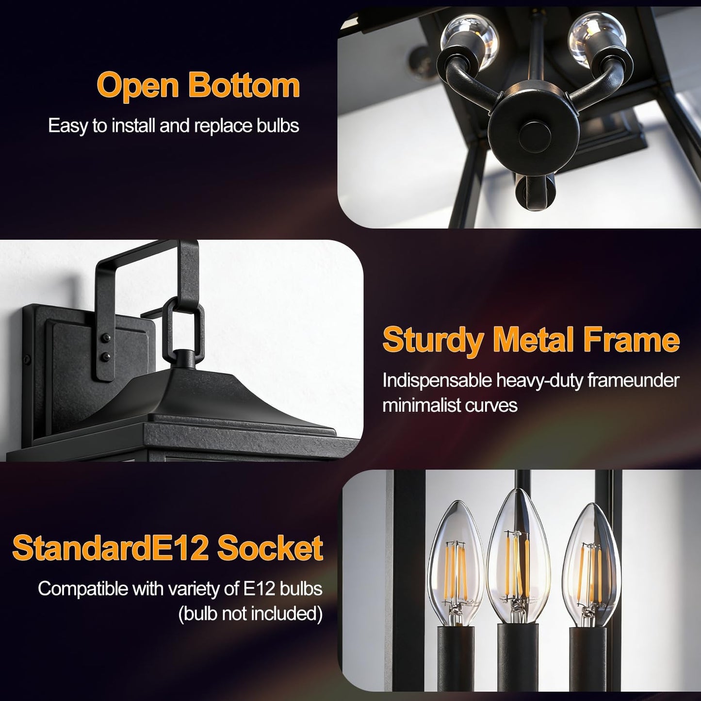 2 Lámparas pared exterior 24pulg candelabro 3 luces E12 vidrio negro IP65
