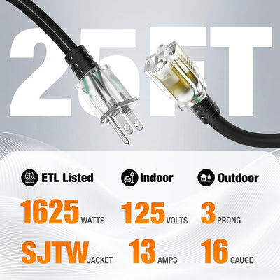 Cable extensión exterior 25ft impermeable 16/3 con indicador