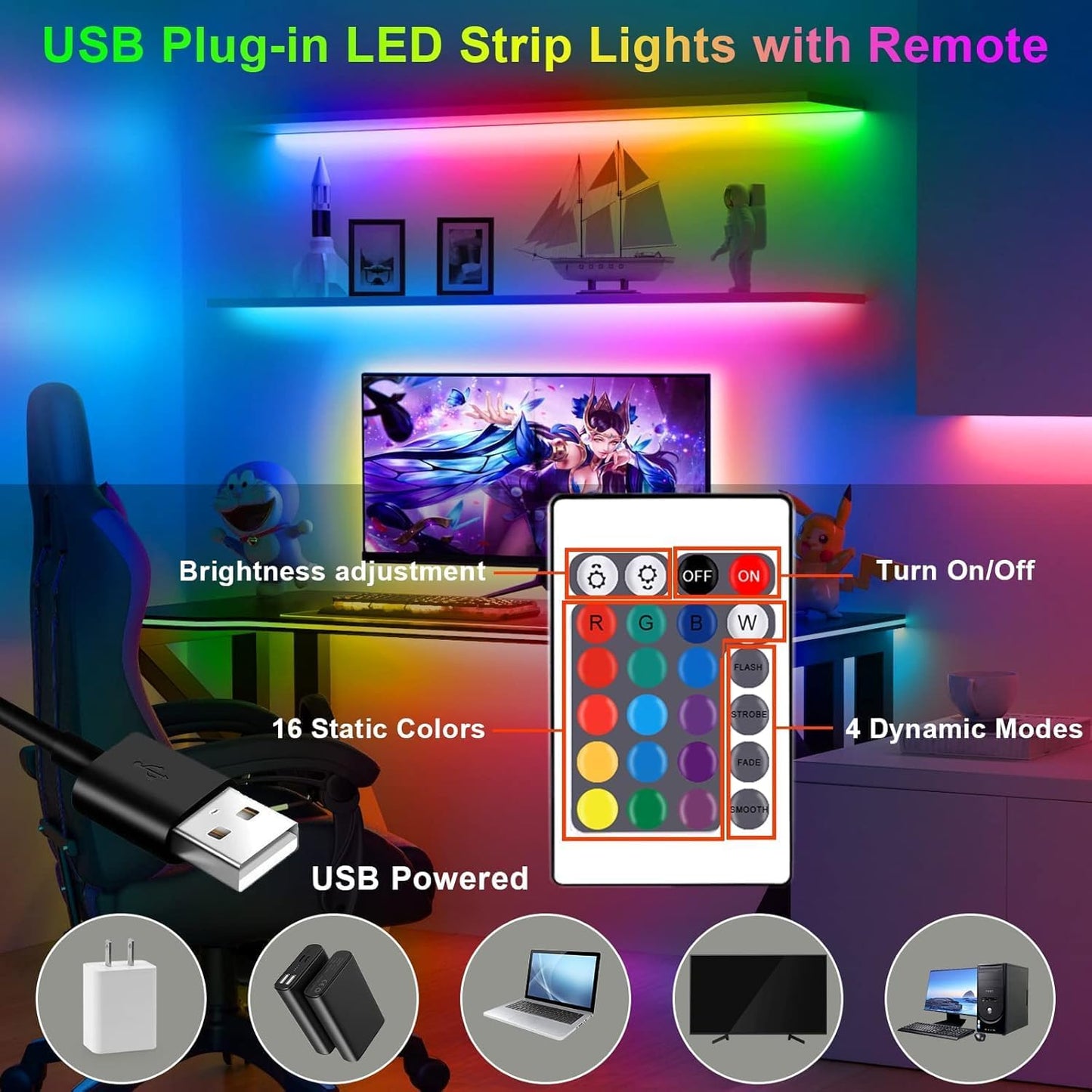 Tira luces LED RGB 16.4pies dormitorio sala control remoto