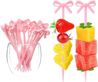 Palillos de cóctel con lazo rosa TIESOME para fiestas y decoración