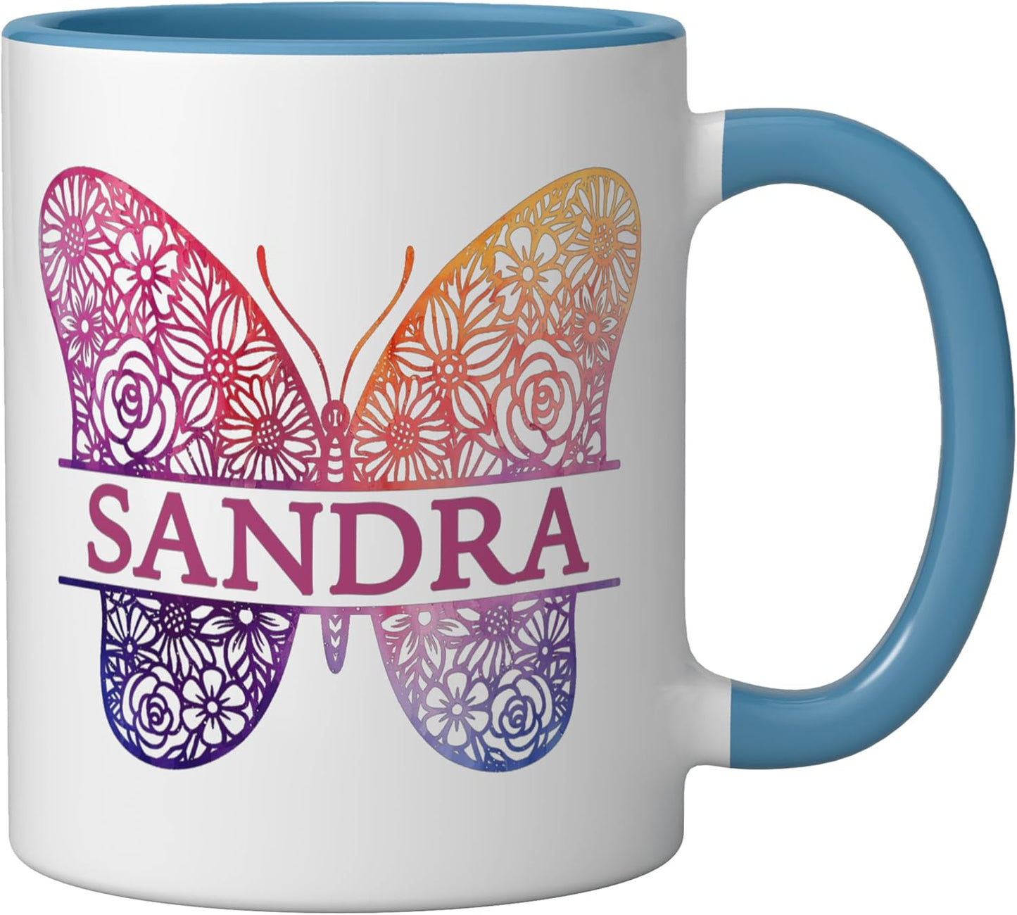Taza de viaje de mariposa con nombre personalizado Sandra cerámica azul blanco