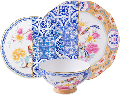 Set 12 Pzas Vajilla Porcelana Hueso Florales Dorado