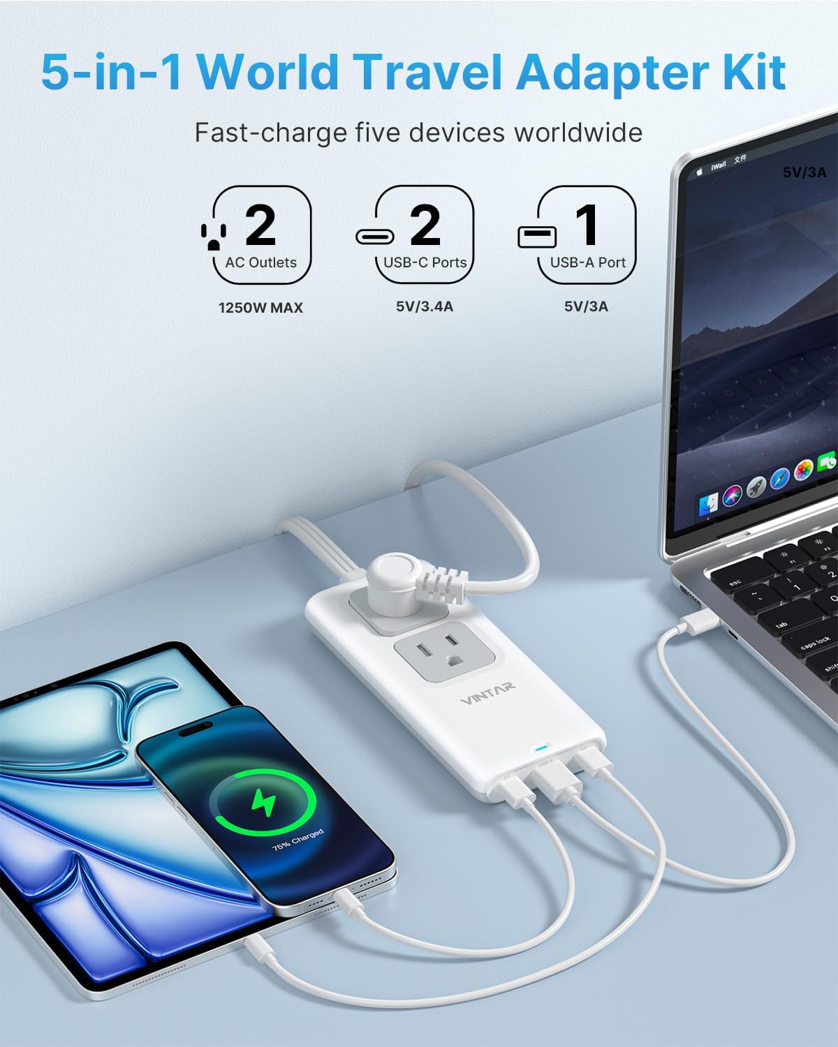 Kit adaptador viaje universal 5ft 2 salidas 3 USB enchufe A/C/D/G/I/M