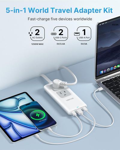Kit adaptador viaje universal 5ft 2 salidas 3 USB enchufe A/C/D/G/I/M