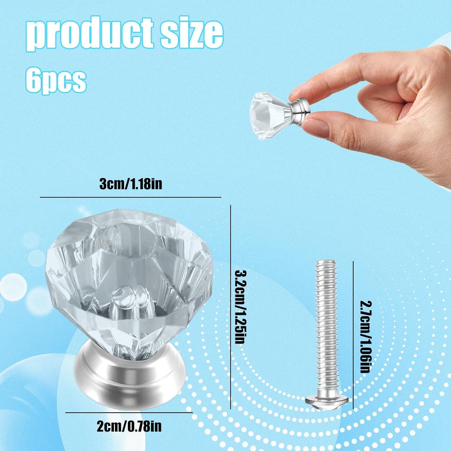6 Pzas Manillas cristal diamante para muebles modernos