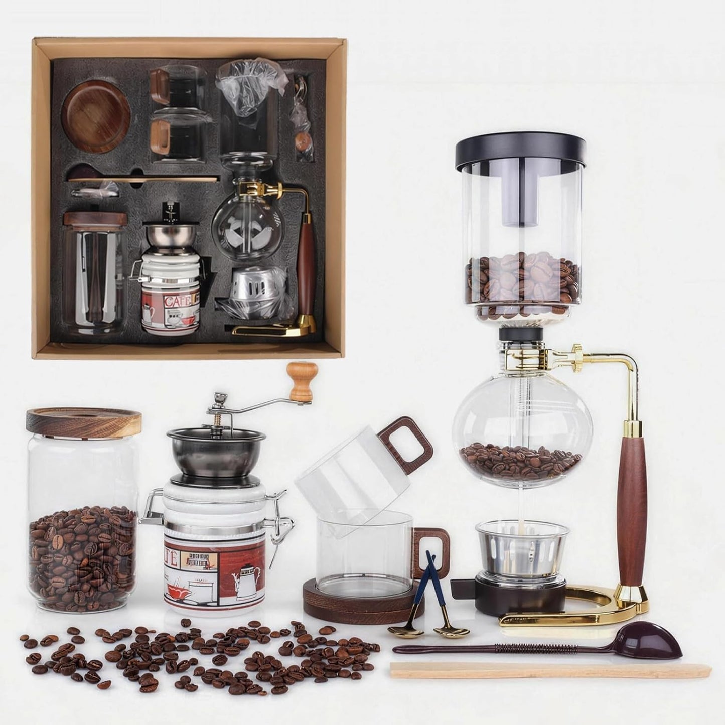 Juego Cafetera Sifón Molinillo Taza Vidrio Almacenamiento