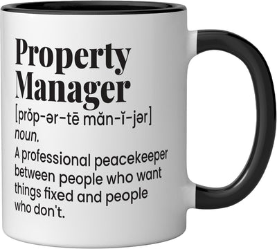 Taza de cerámica para manager de propiedades definición divertida real estate negro/blanco