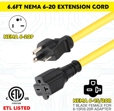 Cable extensión Nema 6-20 6.6 pies macho a hembra 20A