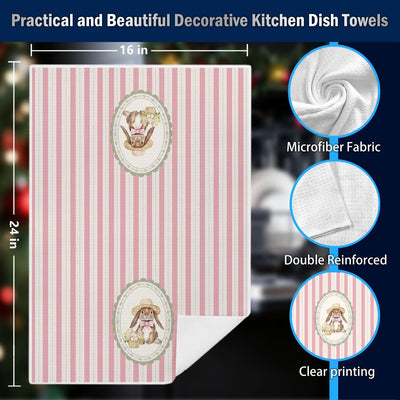 Juego de 2 paños de cocina decorativos de conejo de Pascua con lazo rosa para baño de niñas