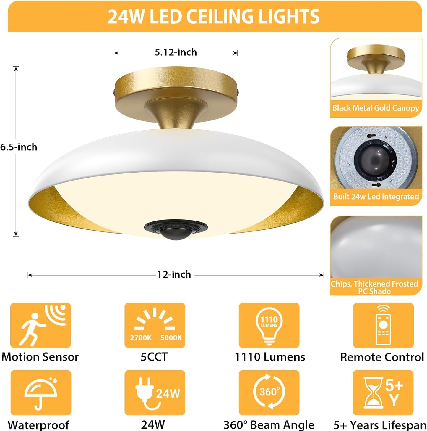Lámpara techo sensor movimiento LED 24W 12pulg blanco