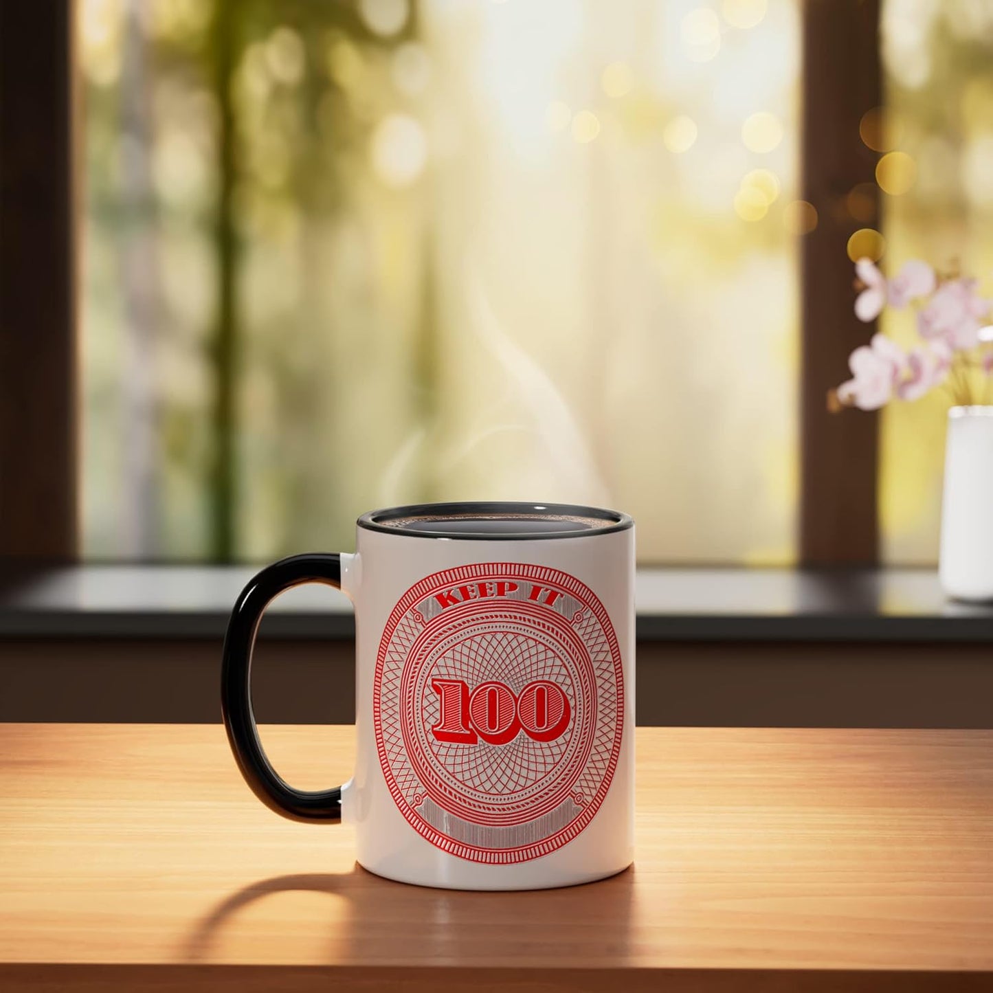 Taza cerámica color rojo con diseño gráfico red keep it 100
