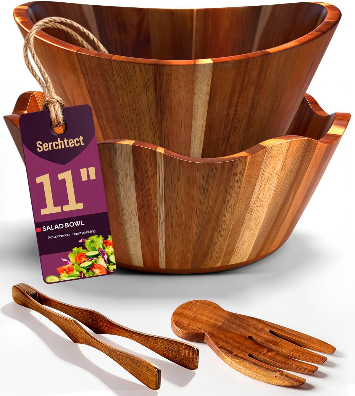 Set Cuenco Acacia 11pulg para Ensaladas y Frutas Madera Natural