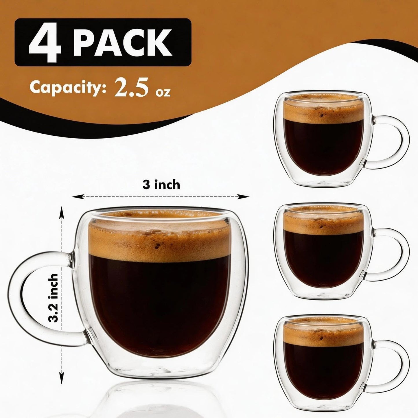 Juego de 4 tazas de espresso transparentes con asa y aislamiento doble
