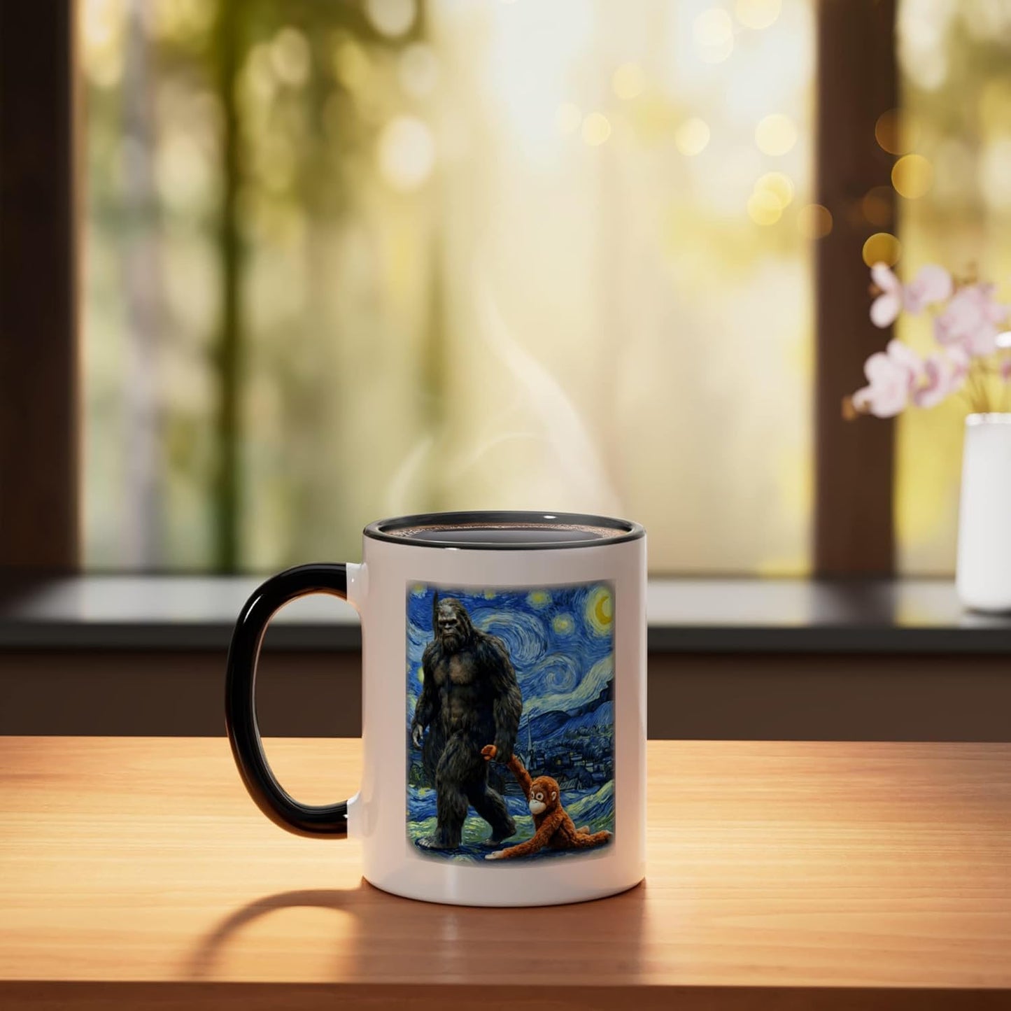 Taza cerámica Bigfoot Sasquatch video meme mono bebé negro/blanco