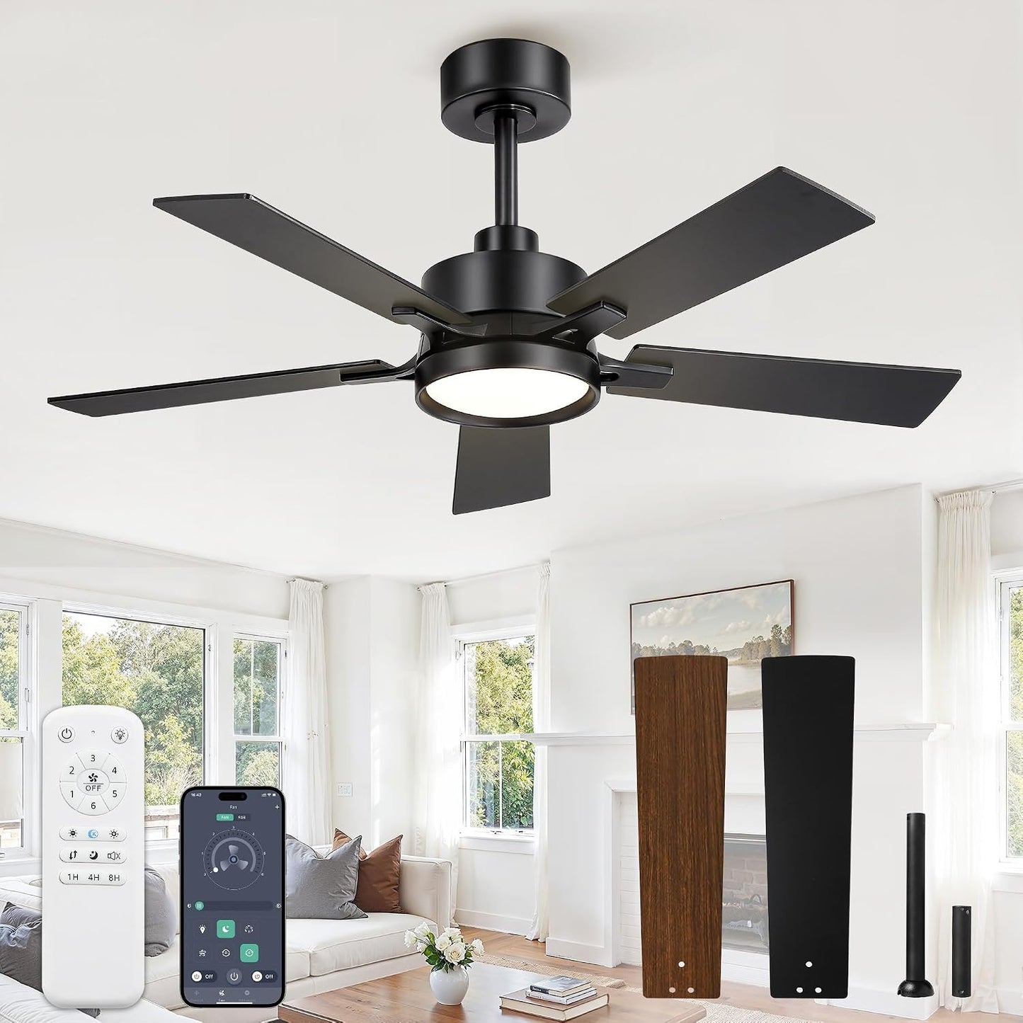 Ventilador techo 42pulg luz app control dimmable motor dc