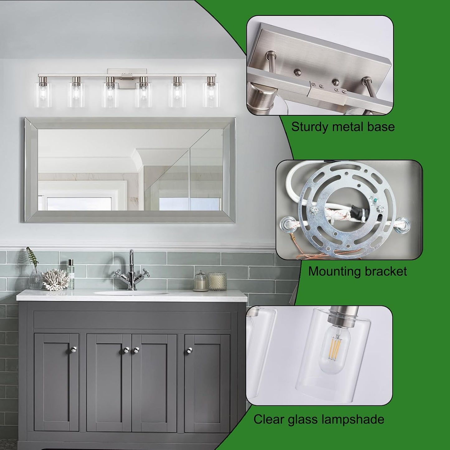 Lámpara baño 6 luces vidrio transparente níquel 40pulg