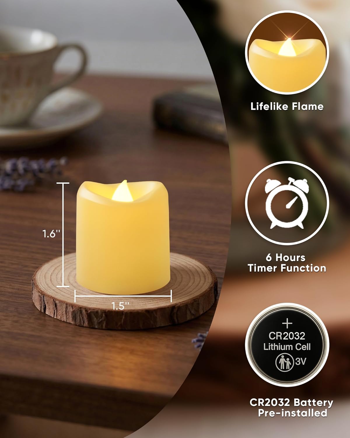 Paquete 12 Velas Votivas LED Parpadeantes 3D Sin Llama Base Marfil
