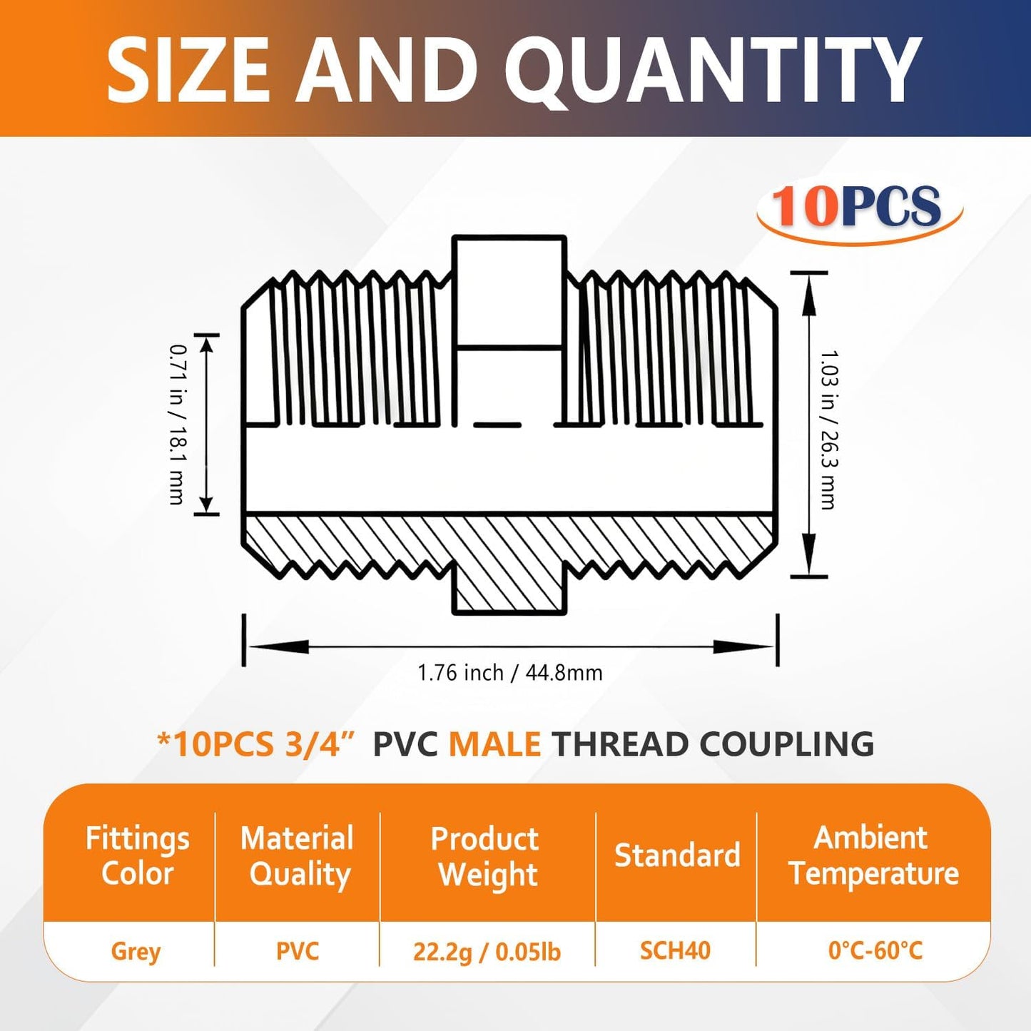 10 Pzas Adaptador PVC Macho Rosca 3/4" Gris