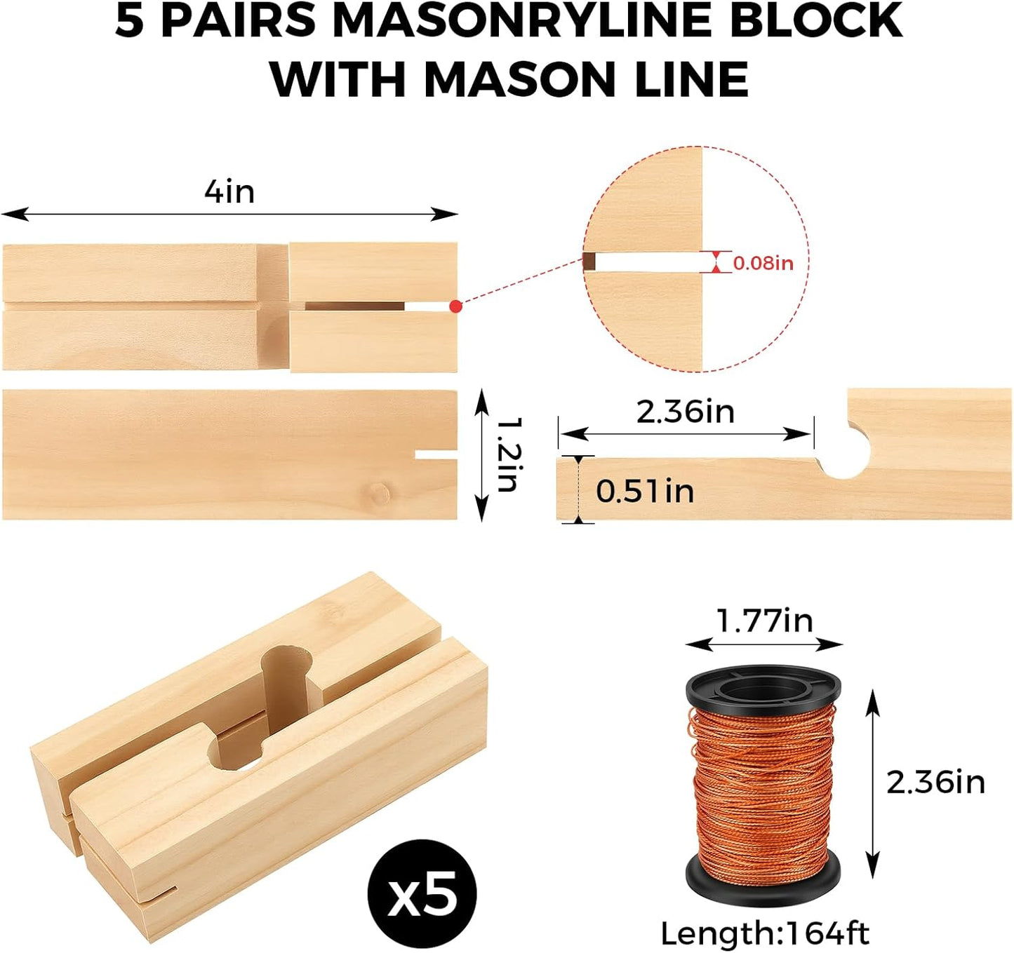 Kit herramientas albañilería 10 bloques madera 4pulg cuerda 164ft