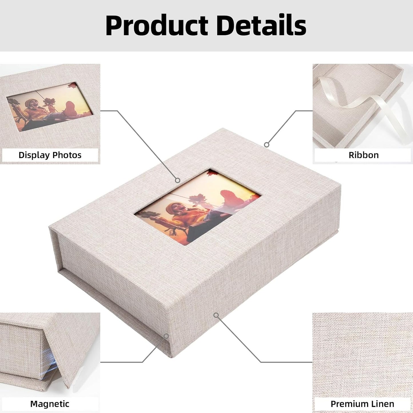 Caja fotos lino 4x6pulg con ventana elegante