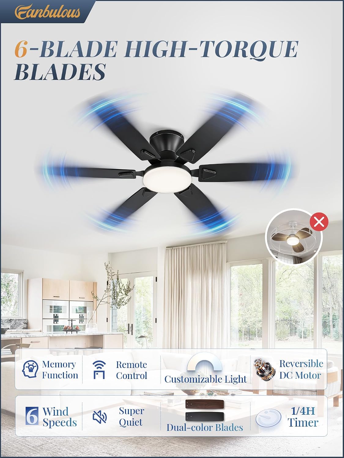 Ventilador techo 52pulg 6 aspas LED dimmable para dormitorio