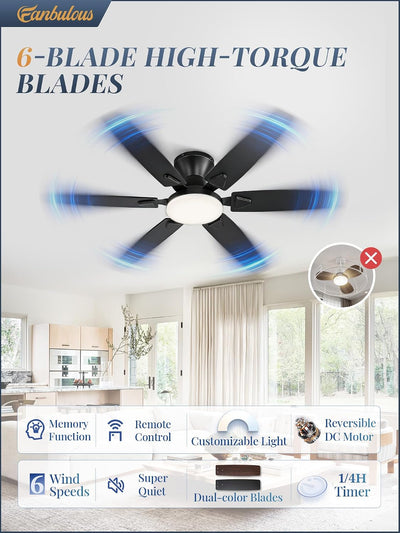 Ventilador techo 52pulg 6 aspas LED dimmable para dormitorio