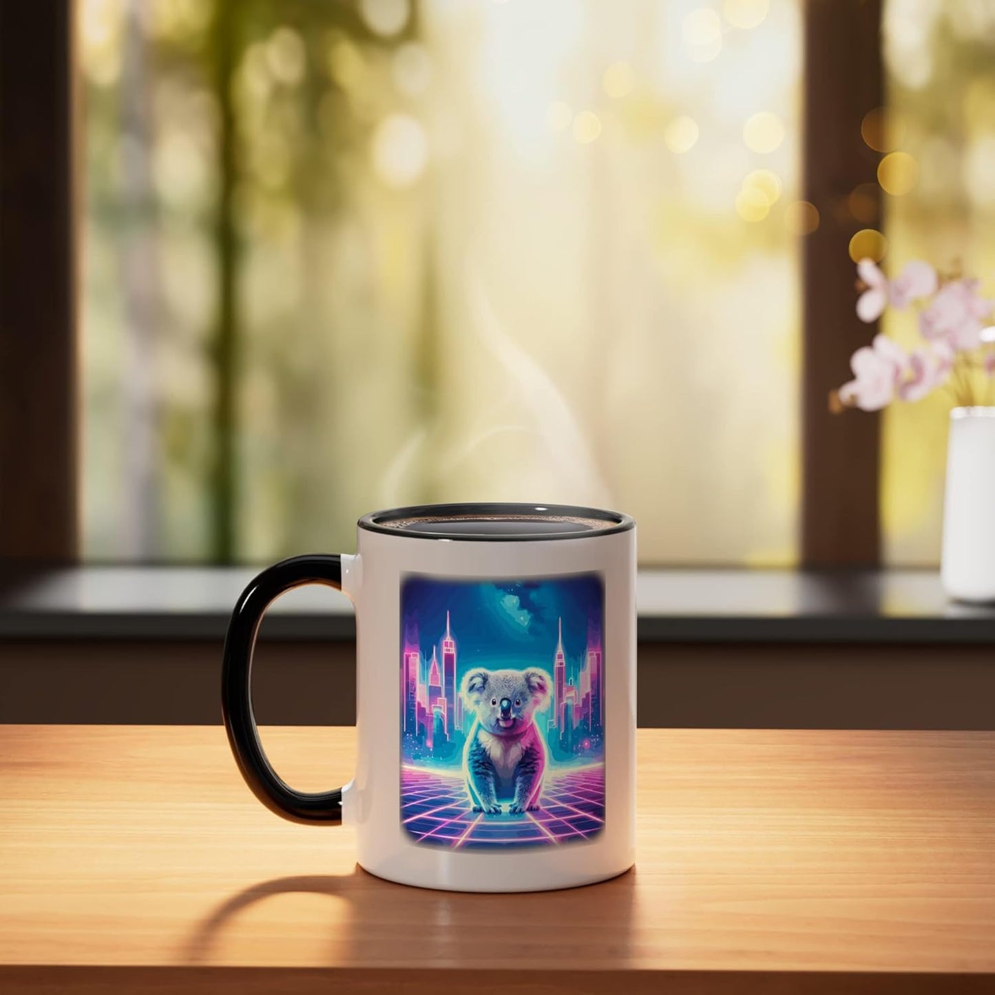 Taza Cerámica Koala Estilo Synthwave 80s Negro/Blanco