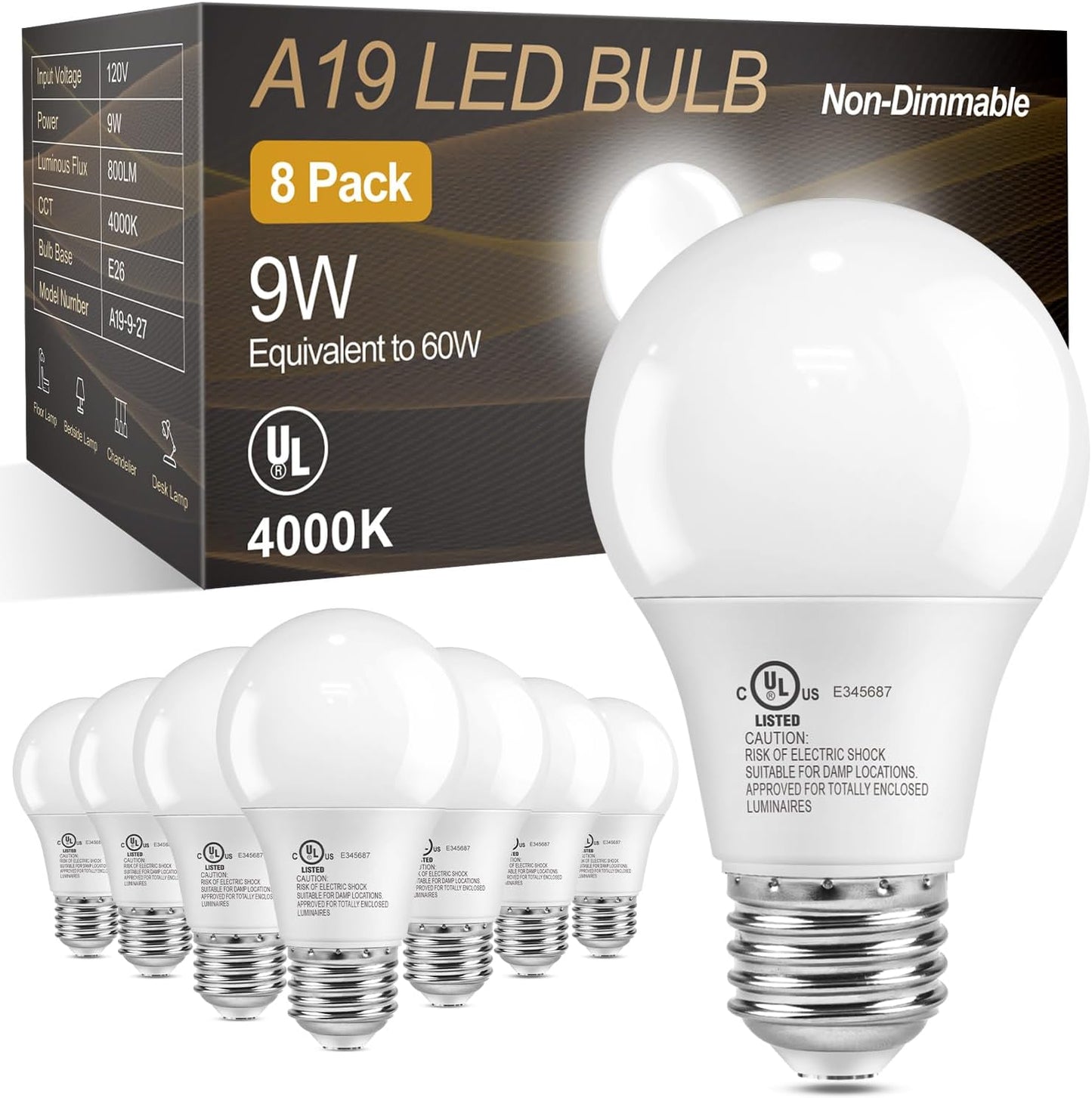 Bombillas LED A19 E26 4000K 800lm 9W no regulables