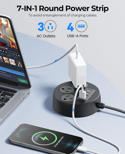 Extensor enchufe plano 45° 3 salidas CA 4 puertos USB-A 5ft negro