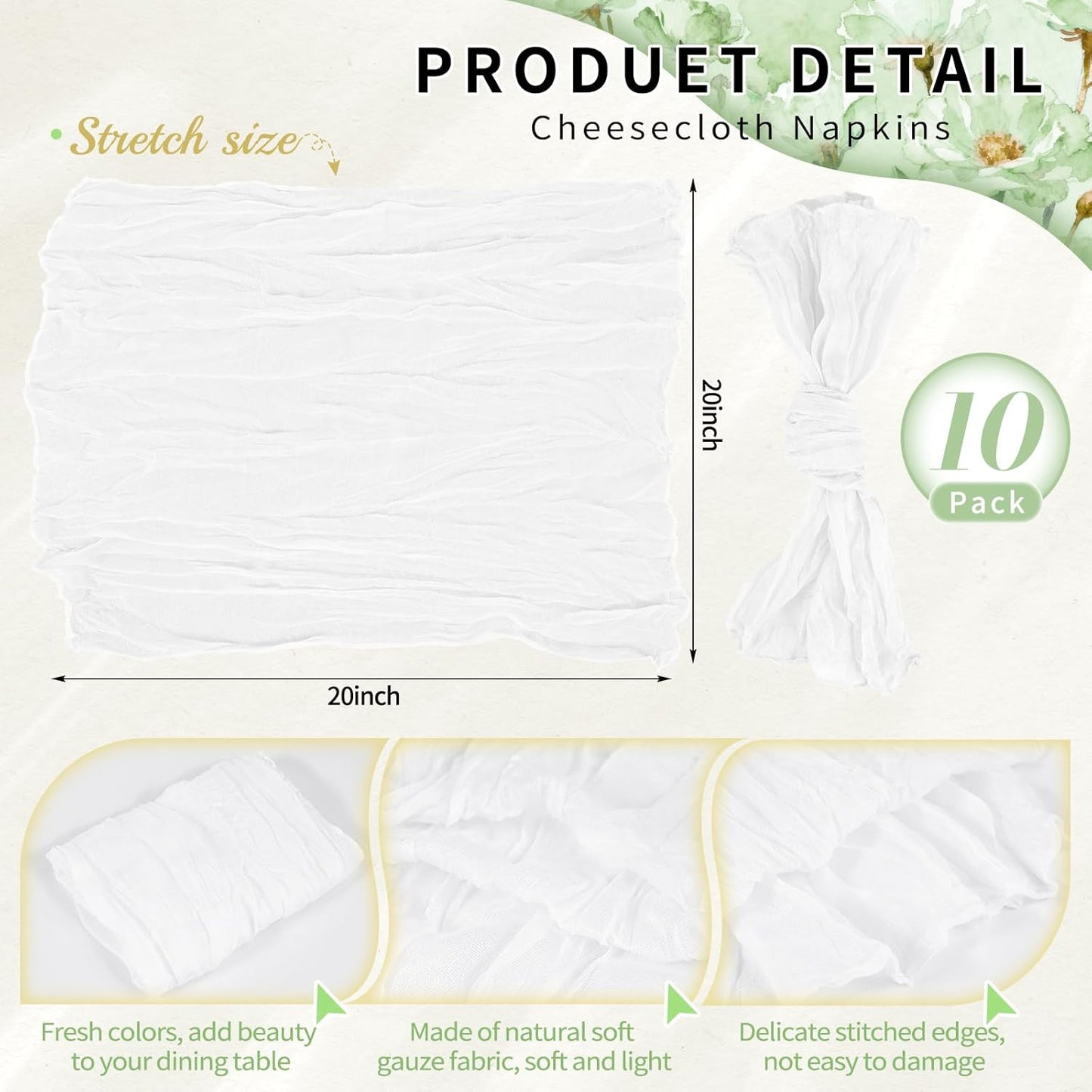 10 Servilletas Estopilla Blanca 20x20pulg Estilo Bohemio