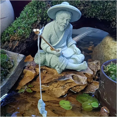 Mini estatua pescador arenisca decoración japonesa vintage