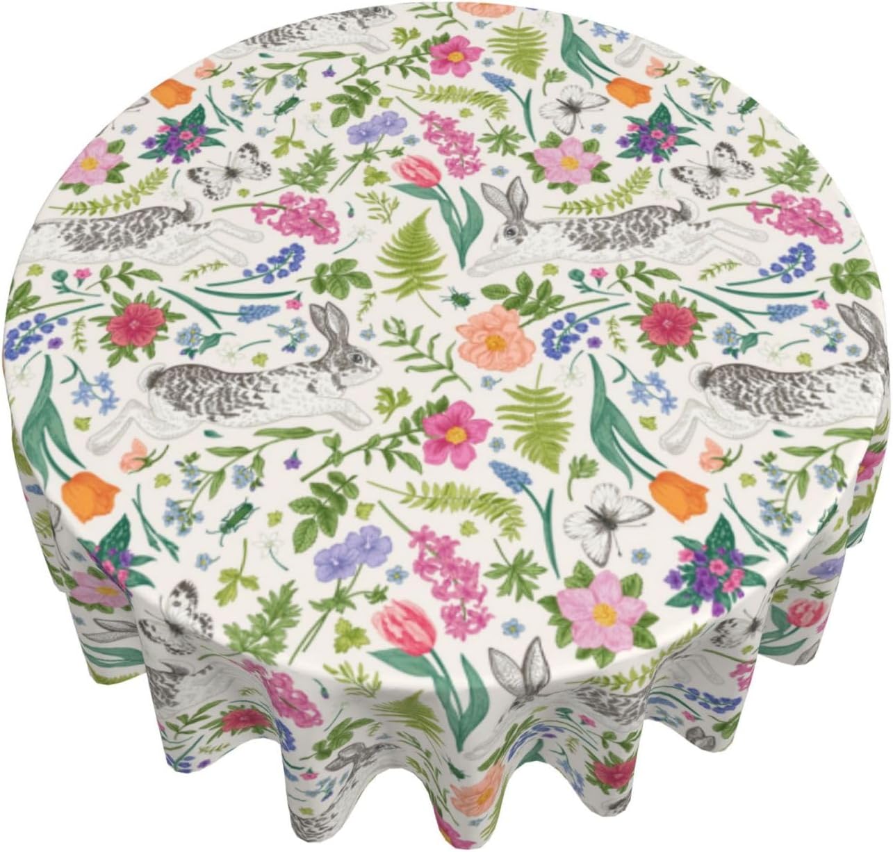 Mantel redondo 70pulg diseño conejo Pascua rosa y verde