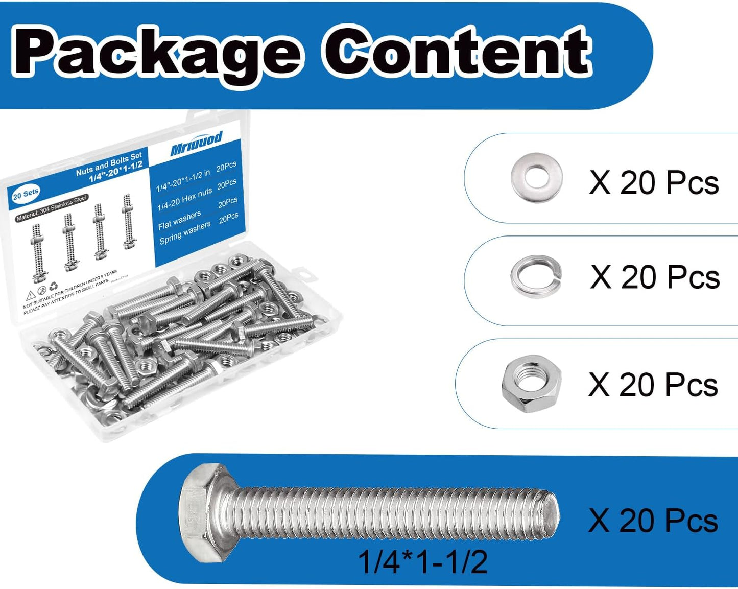 Set 20 Pzas Tuercas y Perros Hex 1/4-20 Acero Inox 304