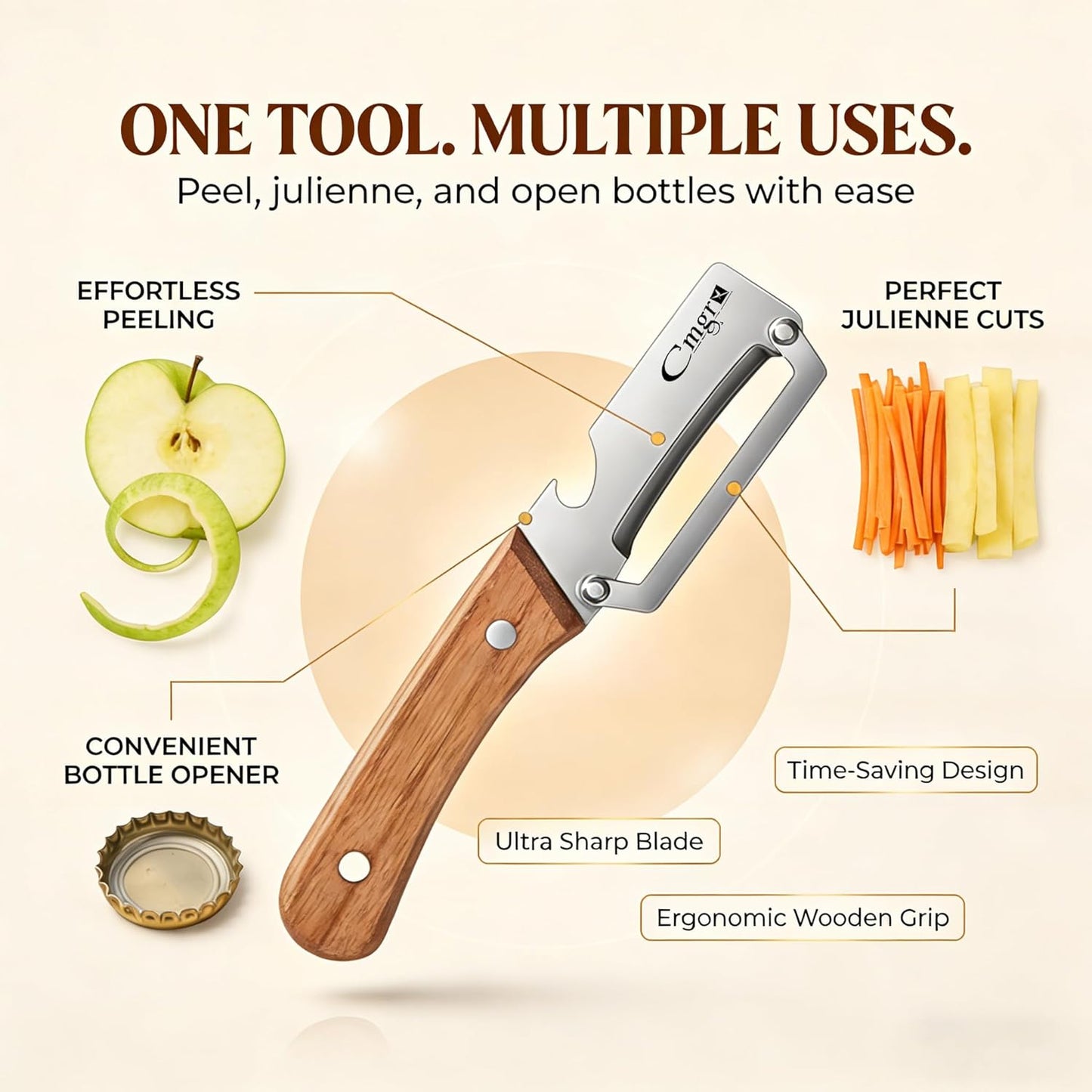 Pelador de verduras y frutas multifuncional de madera y acero inoxidable