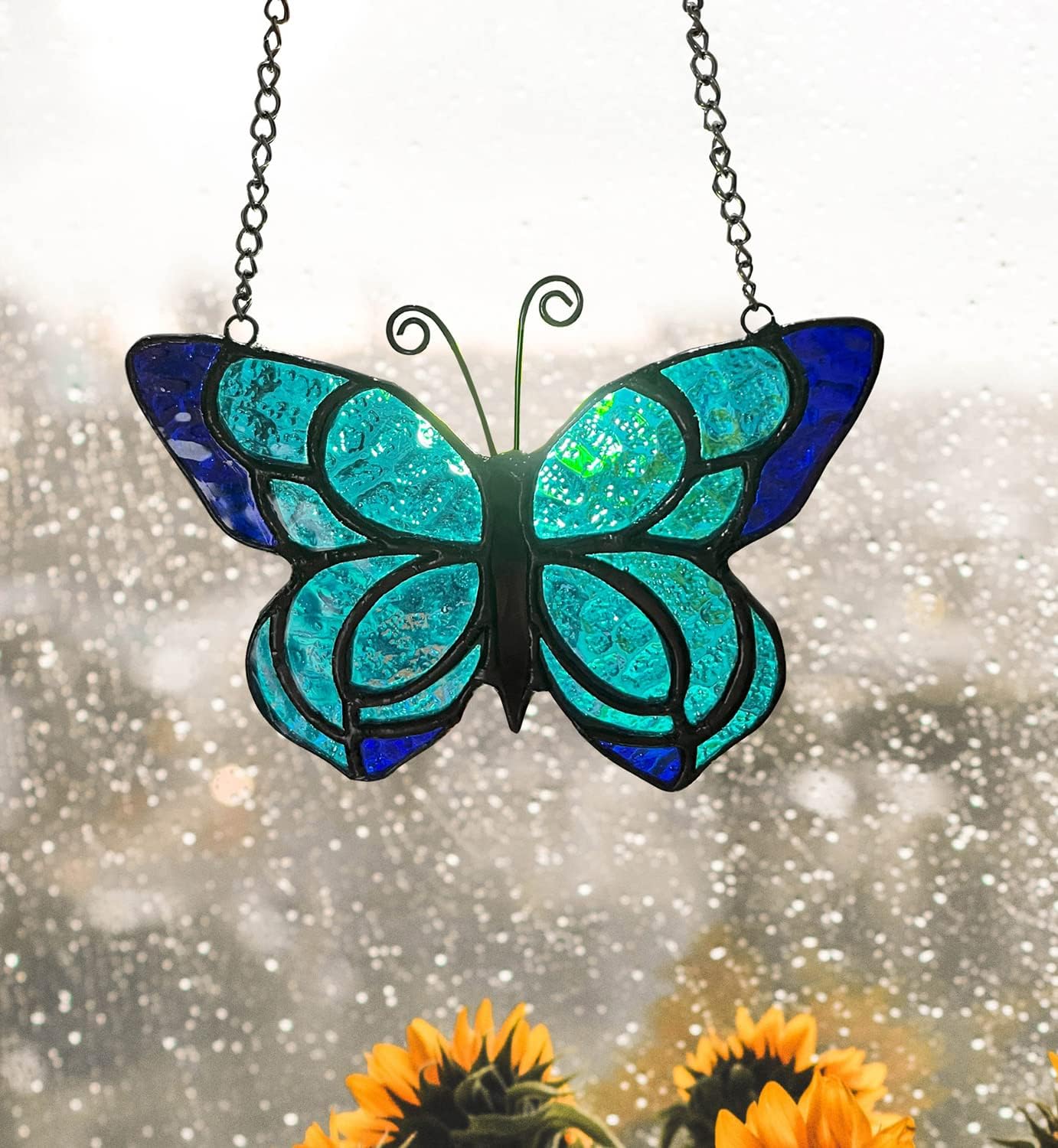 Atrapasoles mariposa azul panel vidriera 5.9x5.3pulg