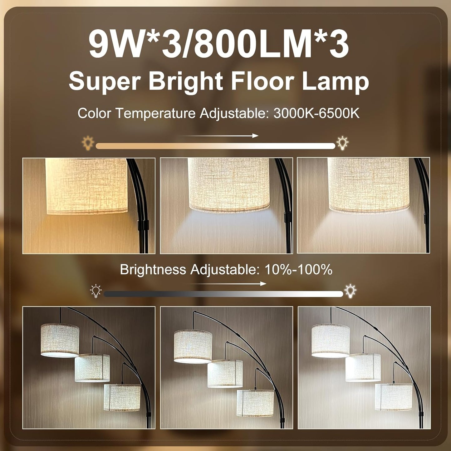 Lámpara pie arco 3 luces control remoto 2400lm dorado lino