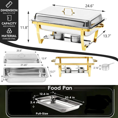 Platos 9qt Acero Inox Dorado Calentador Bufé Fiestas