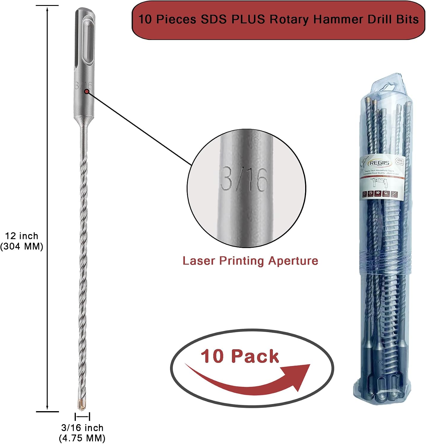 Set 10 Brocas SDS Plus 3/16" x 12" Carburo Paredes