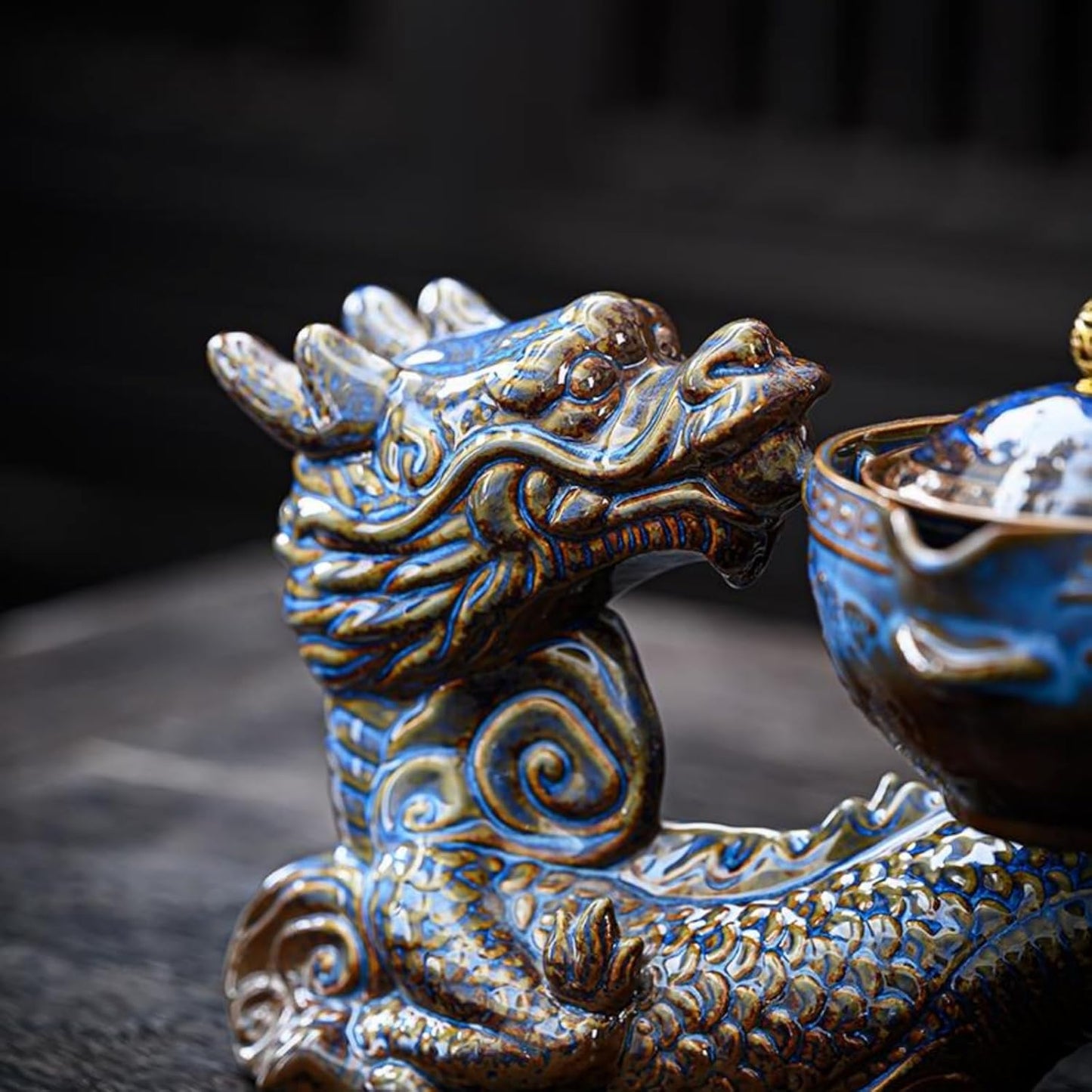 Juego té Gongfu cerámica con infusor 8 tazas diseño dragón